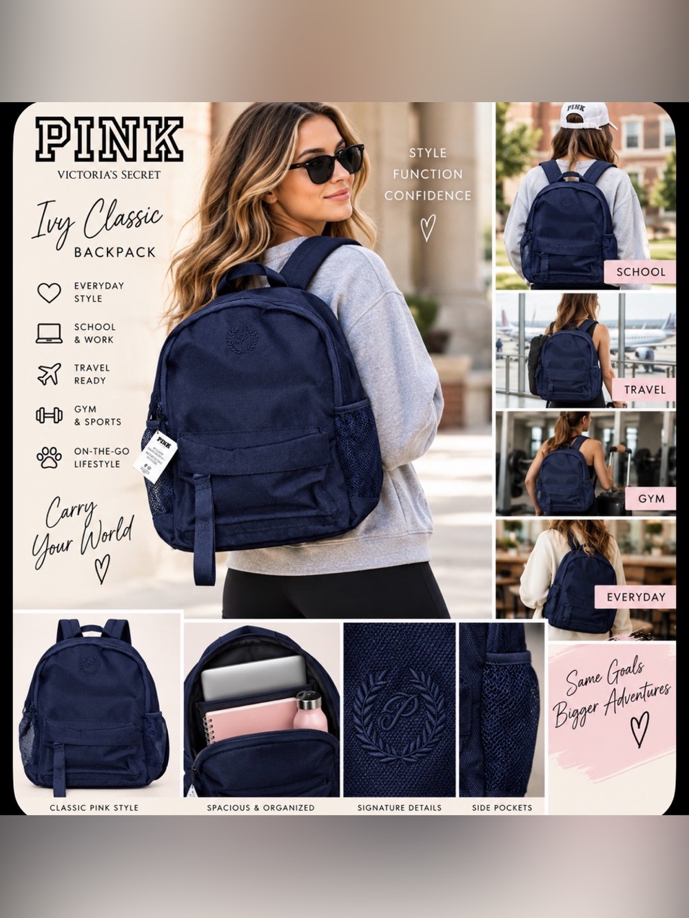 Pink Victoria's Secret Ivy Classic Canvas Quilted Puffer Backpack O/S NEW School